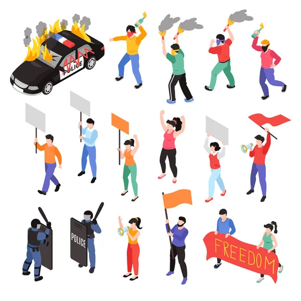 Isometric Protest Rally Set Isolated Icons Burning Police Car Human — Stock Vector