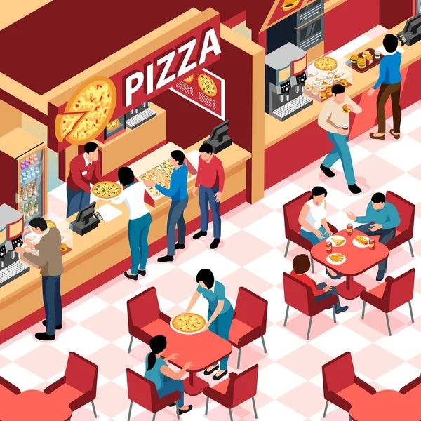 Food Court Visitatori Ordinare Pizza Fare Caffè Mangiare Hamburger Isometrico — Vettoriale Stock