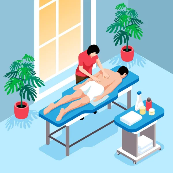Isometrische Massagekomposition Mit Innensicht Auf Massagetisch Und Schmierstoffe Mit Masseur — Stockvektor