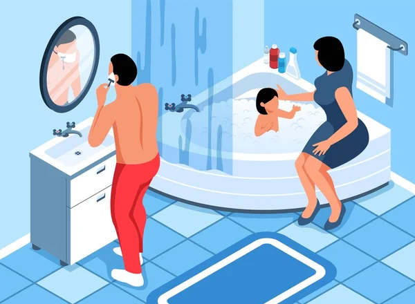 Isometric Hygiene Composition Human Characters Shaving Man Woman Giving Bath — Stock Vector