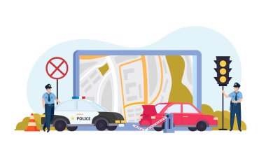 Trafik polisi, yolcu vagonunun yanındaki düz kompozisyonlu polis arabası ve trafik özellikleri haritaları ve vektör illüstrasyonunu işaretliyor