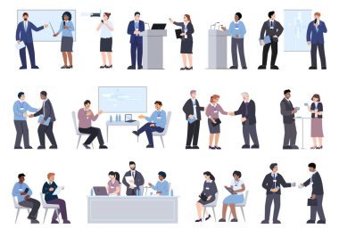 İş konferansında izole edilmiş simgelerden oluşan düz bir set sunum ekranı illüstrasyonu olan iş arkadaşlarının insan karakterleri.