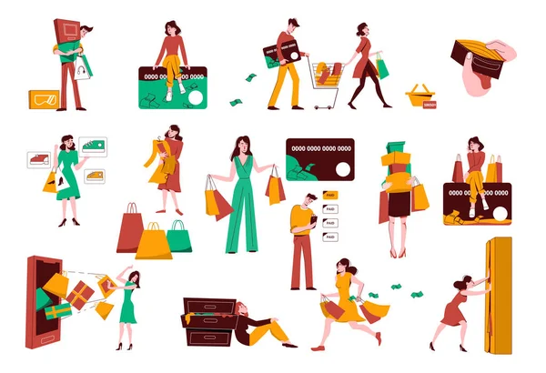 Discount Verkaufsförderung Flaches Set Von Menschen Mit Einkaufstaschen Und Schränken — Stockvektor