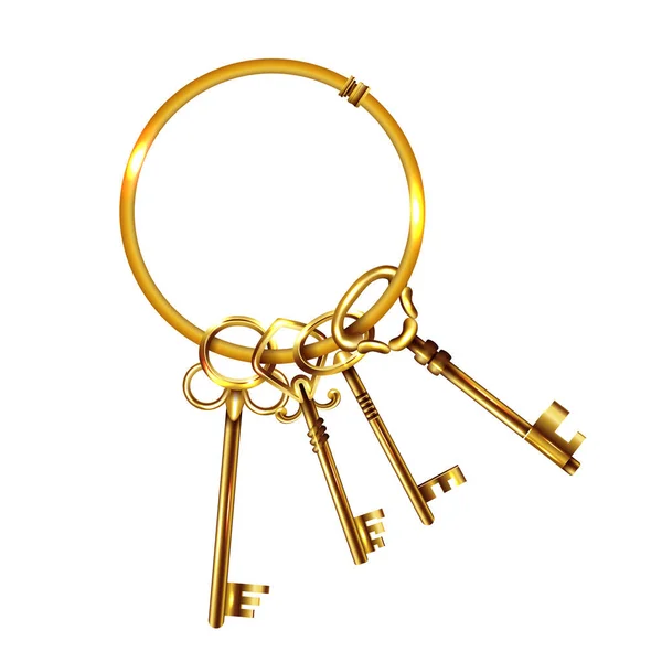 Ρεαλιστικά Vintage Κλειδιά Δέσμη Σύνθεση Τέσσερα Χρυσά Πλήκτρα Στο Δαχτυλίδι — Διανυσματικό Αρχείο