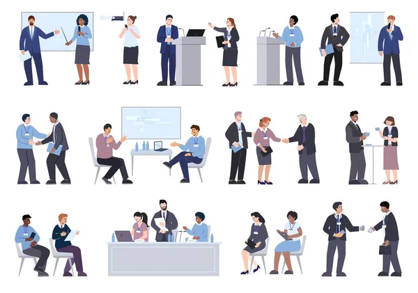 Business Conference Flat Set Isolated Icons Doodle Human Characters Coworkers — Stock Vector