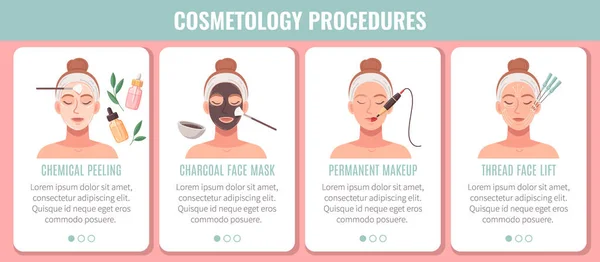 美容整形手術治療中の女性の顔を持つフラット漫画のインフォグラフィックベクトル図 — ストックベクタ