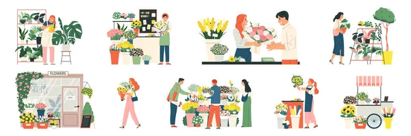 Çiçekçi Sembolleriyle Donatılmış Çiçekçi Dükkanı Düz Izole Edilmiş Vektör Çizimi — Stok Vektör