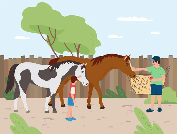 在马场卡通矢量图上 将农场平面构图与两个喂养和爱抚动物的男孩联系起来 — 图库矢量图片