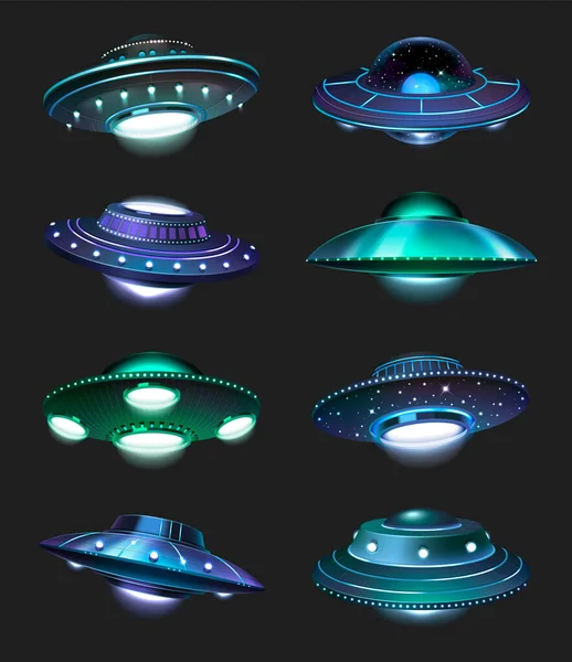 Ufo Ruimteschip Realistische Pictogrammen Ingesteld Met Buitenaardse Ruimteschepen Kleur Lichten — Stockvector