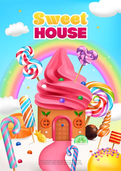 Sweet House Realistische Gekleurde Poster Met Sprookjesachtige Peperkoek Huis Versierd — Stockvector