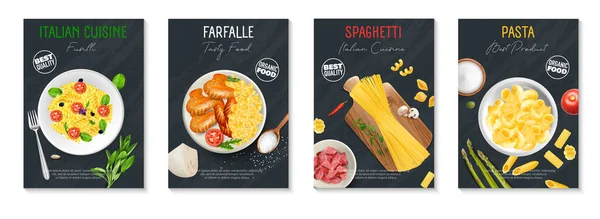パスタなどの具材でセットされたイタリア料理リアルな垂直方向のポスターベクトルイラスト — ストックベクタ