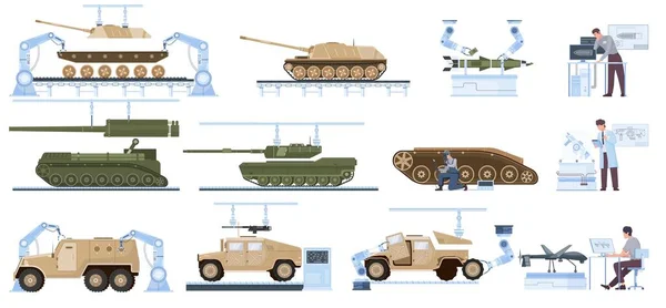 Militaire Productie Platte Set Van Gepantserde Vechtvoertuig Moderne Tank Staking — Stockvector