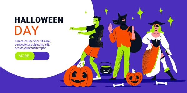 Halloween Day Horizontal Banner Template People Wearing Costumes Pirate Zombie — Stock Vector