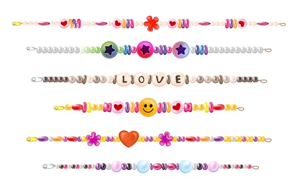现实的嬉皮士项链手镯套装与孤立的水平字符串与爱情珠子图像不同的彩色矢量插图 — 图库矢量图片