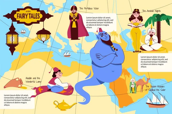 Contes Fées Arabes Infographies Plates Avec Vizir Perfide Aladdin Sur — Image vectorielle