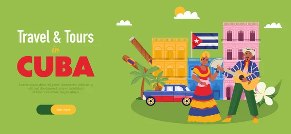 Kübalı Dans Eden Insanlarla Küba Yatay Pankartıyla Seyahat Turlar Yeşil — Stok Vektör