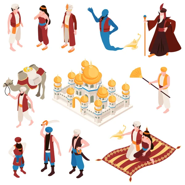 おとぎ話のキャラクターと黄金の塔の孤立したベクトルのイラストと宮殿と東洋の物語アイソメトリックウェブサイト城 — ストックベクタ