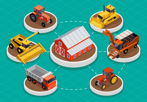 Agricultura Transporte Infografías Isométricas Con Conjunto Plataformas Redondas Con Tractores — Vector de stock