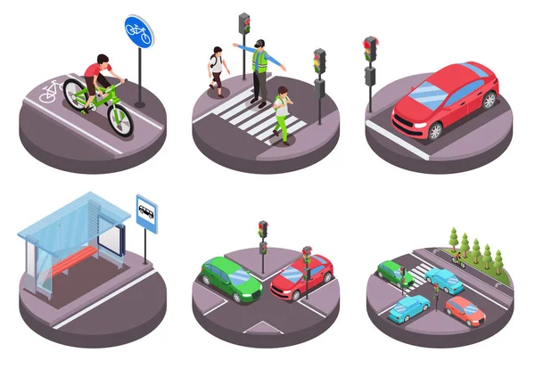 Isometric Compositions Situation Way Crossroads Crosswalk Bus Stop Isolated Vector — 스톡 벡터