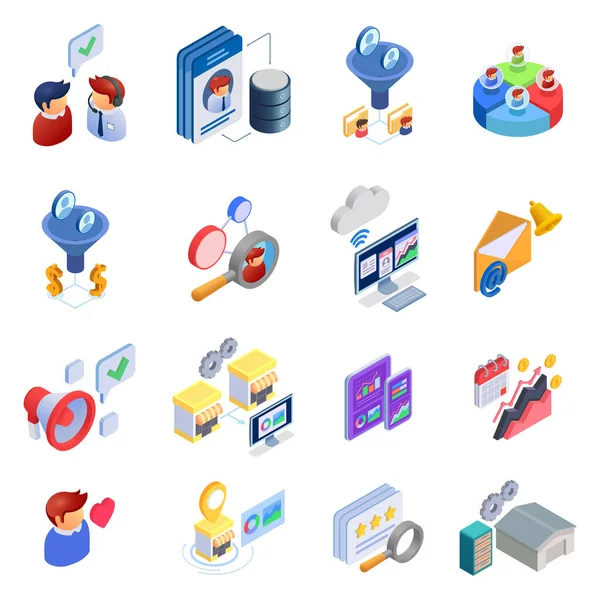 Crm Isometric Icons Set Customer Relationship Client Management Isolated Vector — Stock Vector