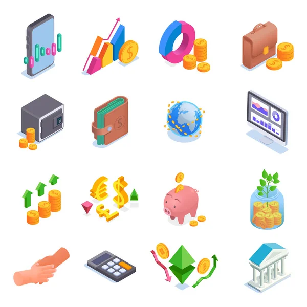 Business Investment Isometric Icons Set Financial Management Symbols Isolated Vector — Stock Vector