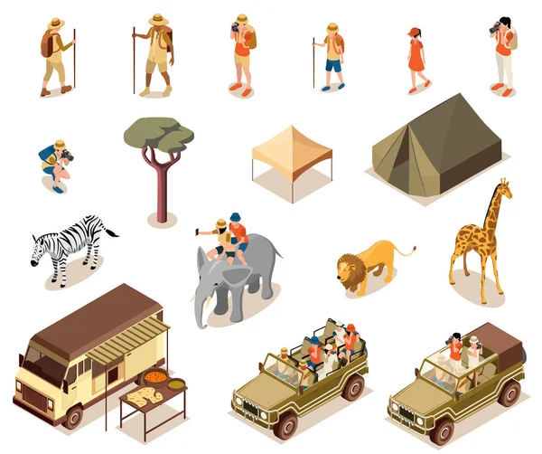 Safari Turistická Souprava Symboly Divoké Přírody Izometrické Izolované Vektorové Ilustrace — Stockový vektor