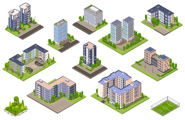 都市の建物は 孤立した都市ブロックと現代の住宅の家のベクトル図と色の画像の等方集合 — ストックベクタ
