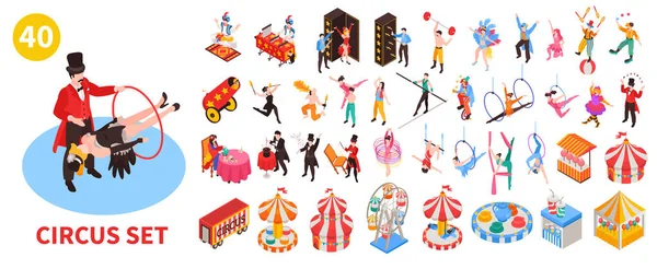 Isometrische Circus Grote Set Met Geïsoleerde Iconen Van Circusartiesten Met — Stockvector