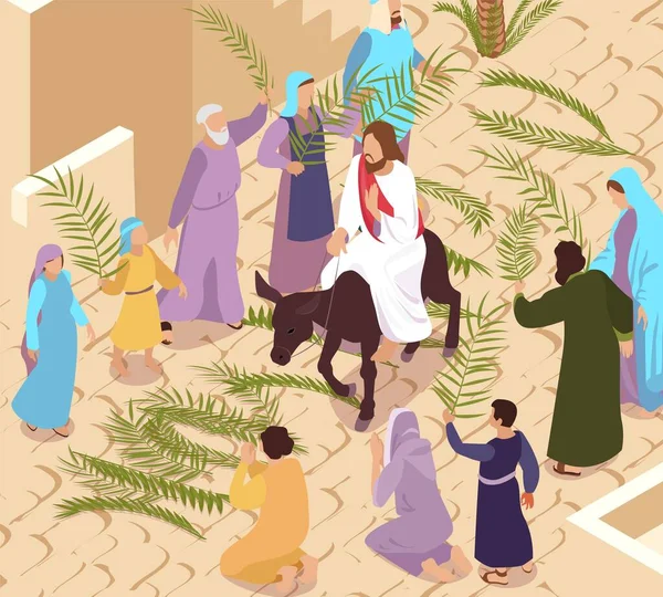 Palm Vasárnap Jézus Krisztussal Belépett Jeruzsálembe Szamáron Miközben Tömeg Leveleket — Stock Vector