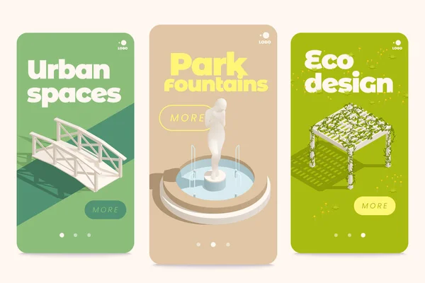 Park Fountains Ponds Gazebo Set Three Vertical Banners Page Switch — 图库矢量图片