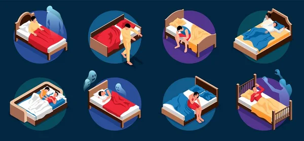 Les Personnes Qui Dorment Vivent Des Cauchemars Compositions Isométriques Mis — Image vectorielle