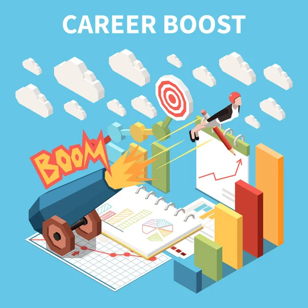 Career Boost Isometric Composition Diagrams Analytics Shoot Woman Out Cannon — Stock Vector