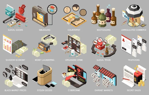 Black Market Isometric Icon Set Illegal Goods Smuggling Counterfeit Bootlegging — Stock Vector