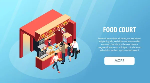食品法院水平蓝色背景网站横幅与人们购买比萨和汉堡包矢量插图 — 图库矢量图片
