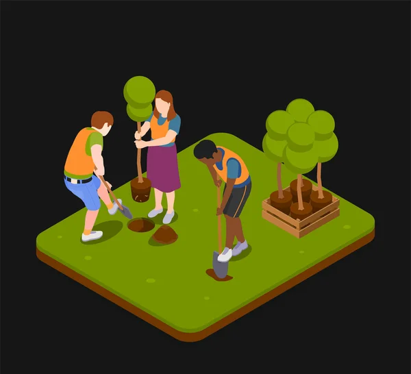 環境の世話をする人々と黒の背景に生態学的意識組成庭に木を植える3Dアイソメトリックベクトルイラスト — ストックベクタ