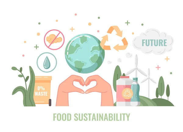 食品の持続可能性のシンボルと栄養フラット漫画ベクトルイラスト — ストックベクタ