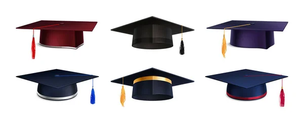 Набор Изолированным Выпускным Образованием Реалистичные Фронтальные Иконки Академических Шляп Кисточками — стоковый вектор