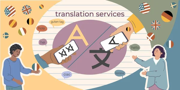 Translation Service Composition Collage Flat Thought Bubbles Text Country Balls — Stock Vector