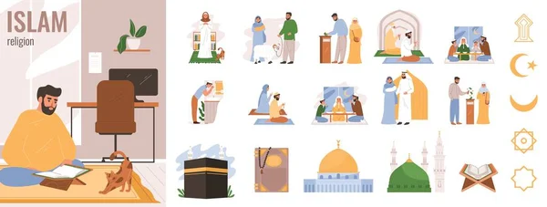 男性の祈りと宗教シンボルで設定されたイスラム教のフラットアイコン孤立ベクトルイラスト — ストックベクタ