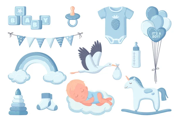 Ícones Desenho Animado Chuveiro Bebê Conjunto Com Acessórios Para Meninos —  Vetores de Stock