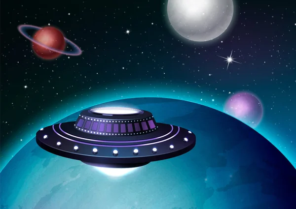 Ufo Διαστημικό Σκάφος Ρεαλιστική Αφίσα Εξωγήινο Διαστημόπλοιο Στο Διάστημα Διανυσματική — Διανυσματικό Αρχείο