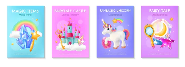 Magische Items Realistische Kleurrijke Posters Met Cartoon Sprookjesachtige Kasteel Fantastische — Stockvector