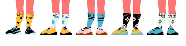 Piernas Humanas Con Zapatillas Moda Calcetines Colores Plana Ilustración Vector — Vector de stock