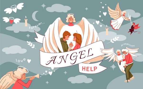 Engel Helfen Flache Collage Illustriert Liebe Schutz Rettung Und Unterstützung — Stockvektor