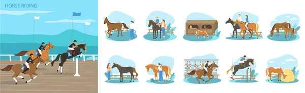 Flat Composition Set People Practising Horse Riding Caring Domestic Animals — Stock Vector