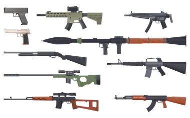 Silah savaşı gerçekçiliği, farklı silah türlerine sahip izole ikonlar, tabancalar ve av tüfekleri.