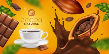 Bir fincan sıcak içecek kakao kabuklarıyla doğal kakao posterleri ve gerçekçi vektör çizimleri.