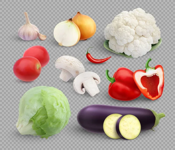 Gemüse Realistische Reihe Von Isolierten Zwiebeln Knoblauch Champignons Und Salat — Stockvektor