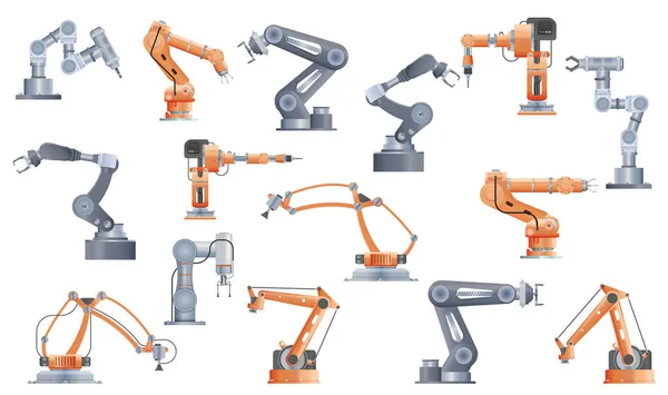 独立したアイコンのロボットマニピュレータアームセットと産業用アームベクトルイラストの様々なモデルの現実的な画像 — ストックベクタ