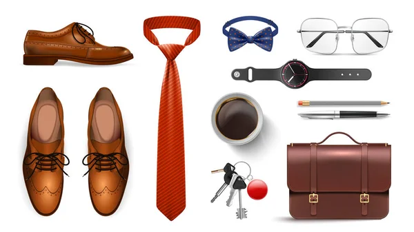 Realistische Gentleman Set Mit Stiefeln Krawatte Und Accessoires Symbole Isolierte — Stockvektor